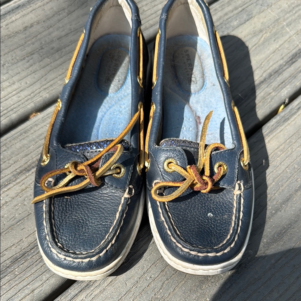 Navy Leather Sperry Boat Shoes with Gold Laces